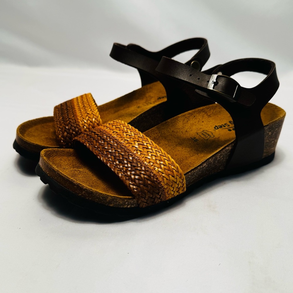 Spring Step Womens Woven‎ Sandals Brown Leather Cork Wedge Ankle Strap Size 36